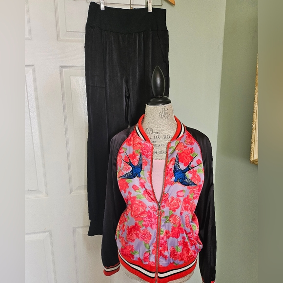 Silk Style Joggers Embroidered Satin Bomber Jacket Silence + Noise Yellow Bag - Picture 2 of 16